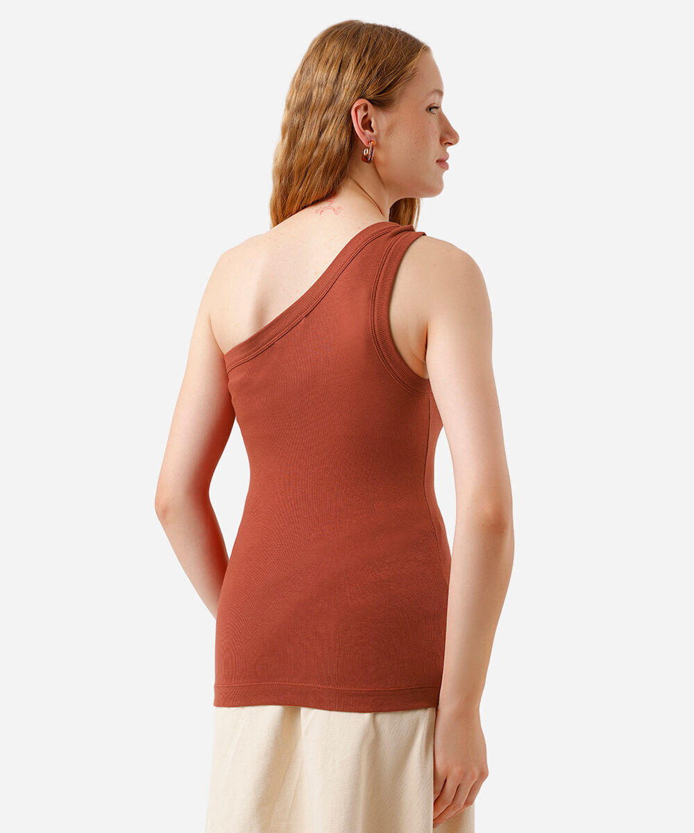 blusa ombro único feminina de algodão com fivela canelada laranja