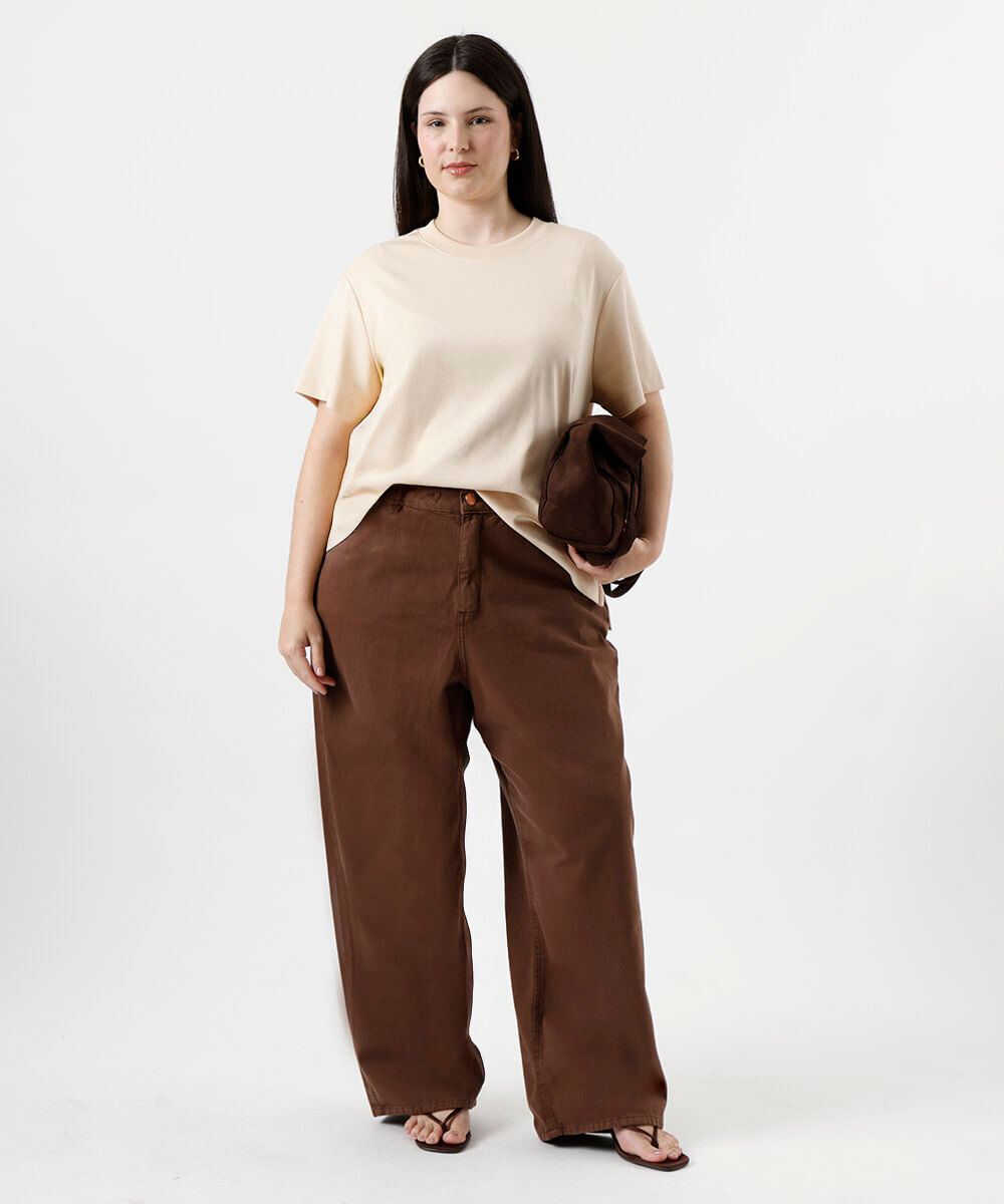 camiseta feminina de algodão peruano interlock plus size bege