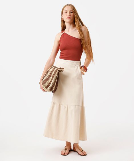 saia midi feminina de sarja com recorte off white