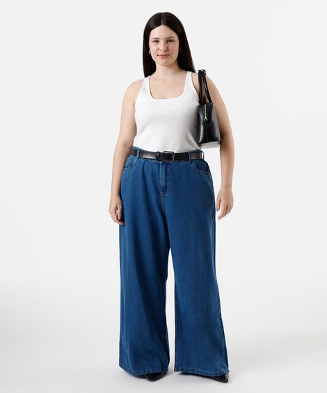 calça wide leg feminina jeans cós elástico plus size azul