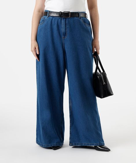calça wide leg feminina jeans cós elástico plus size azul