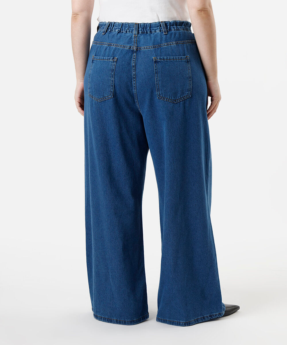 calça wide leg feminina jeans cós elástico plus size azul