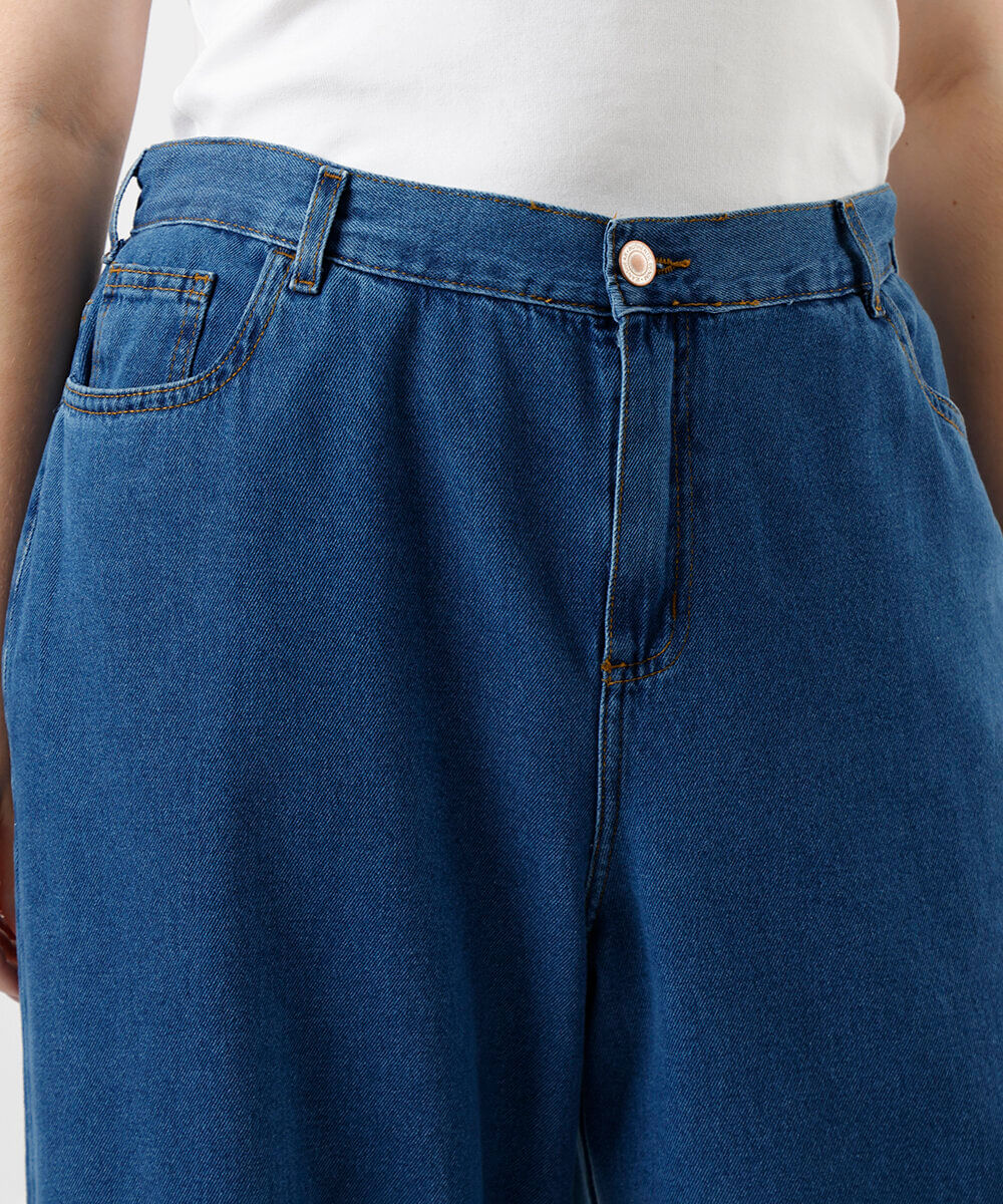 calça wide leg feminina jeans cós elástico plus size azul