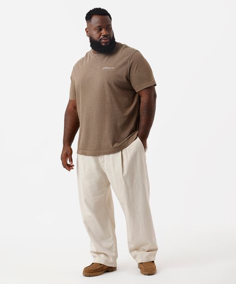 calça chino baggy masculina de sarja com pregas plus size bege