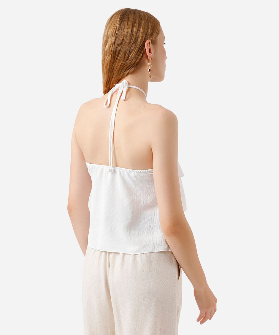 blusa halterneck feminina com babados texturizada off white