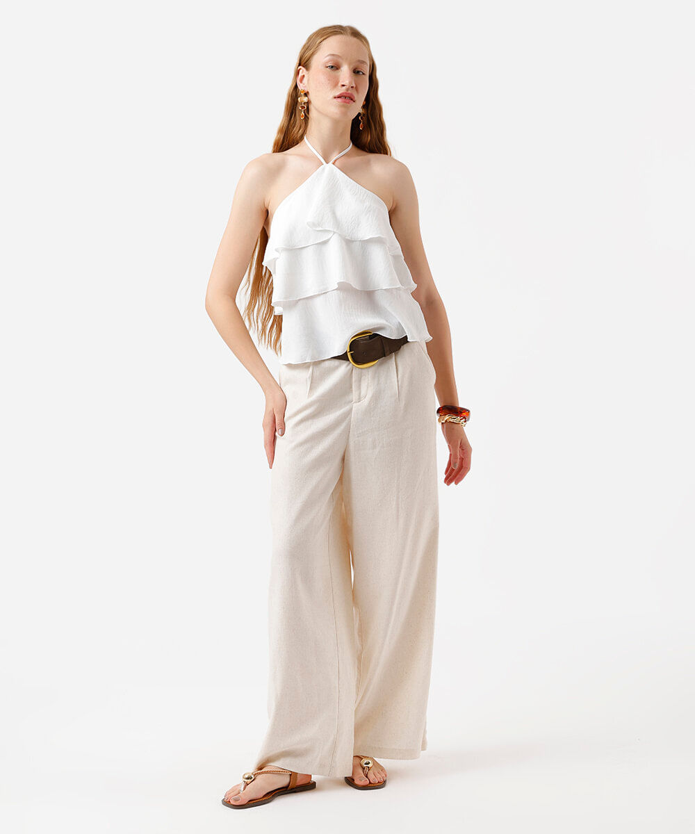 blusa halterneck feminina com babados texturizada off white