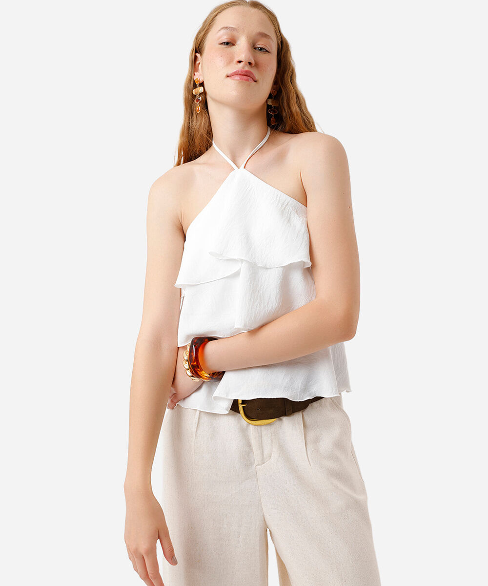 blusa halterneck feminina com babados texturizada off white