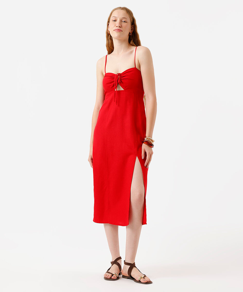 vestido midi alça fina feminino com linho e fenda vermelho