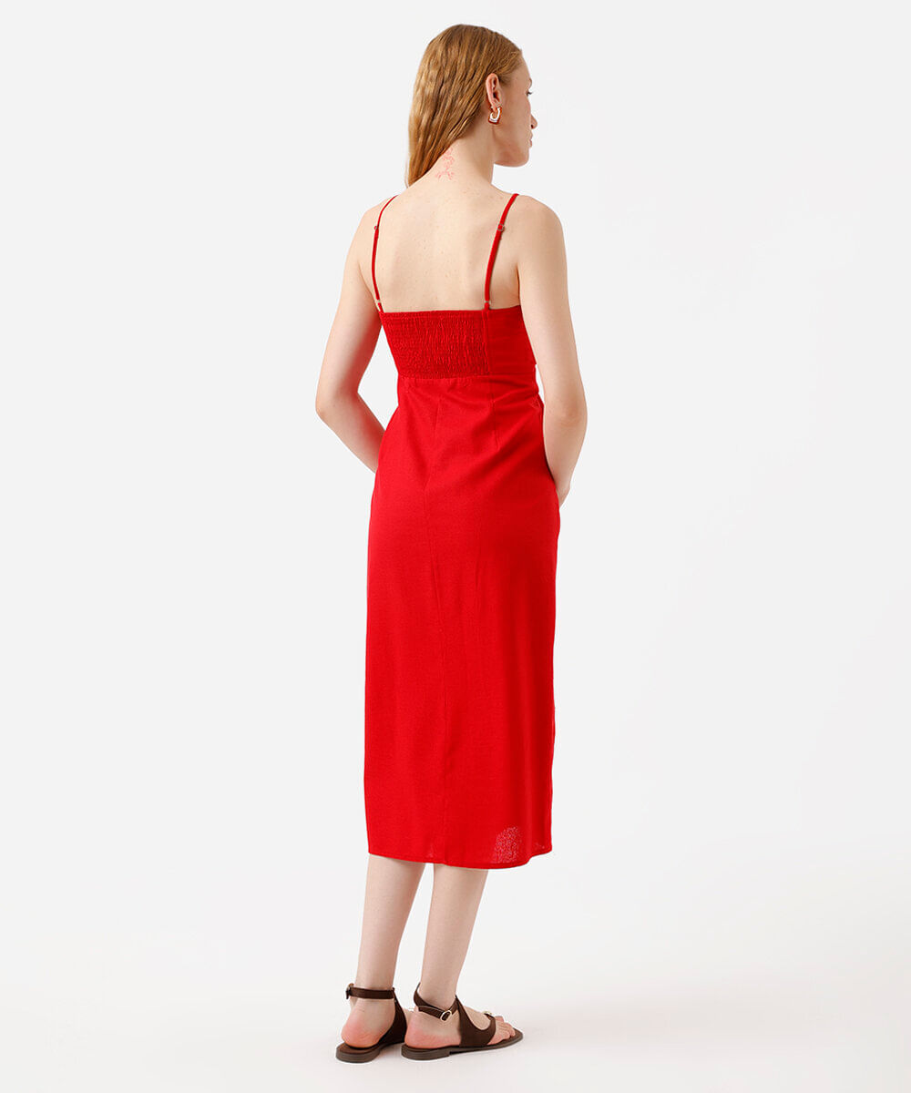 vestido midi alça fina feminino com linho e fenda vermelho