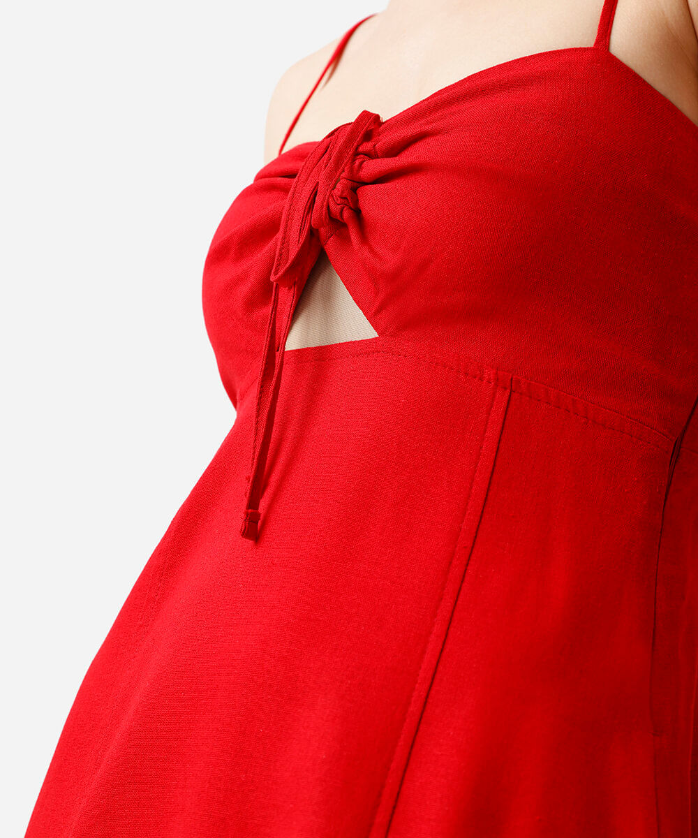 vestido midi alça fina feminino com linho e fenda vermelho