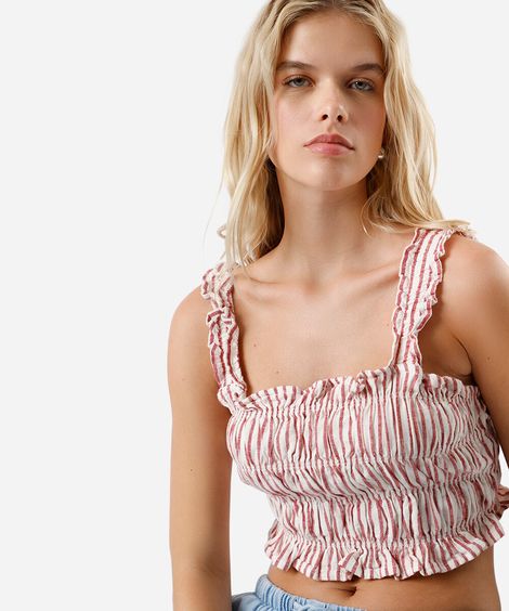 cropped de algodão com babados listrado vermelho