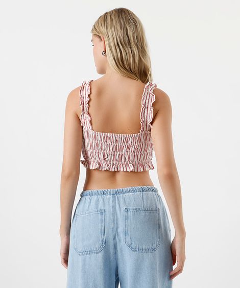 cropped de algodão com babados listrado vermelho