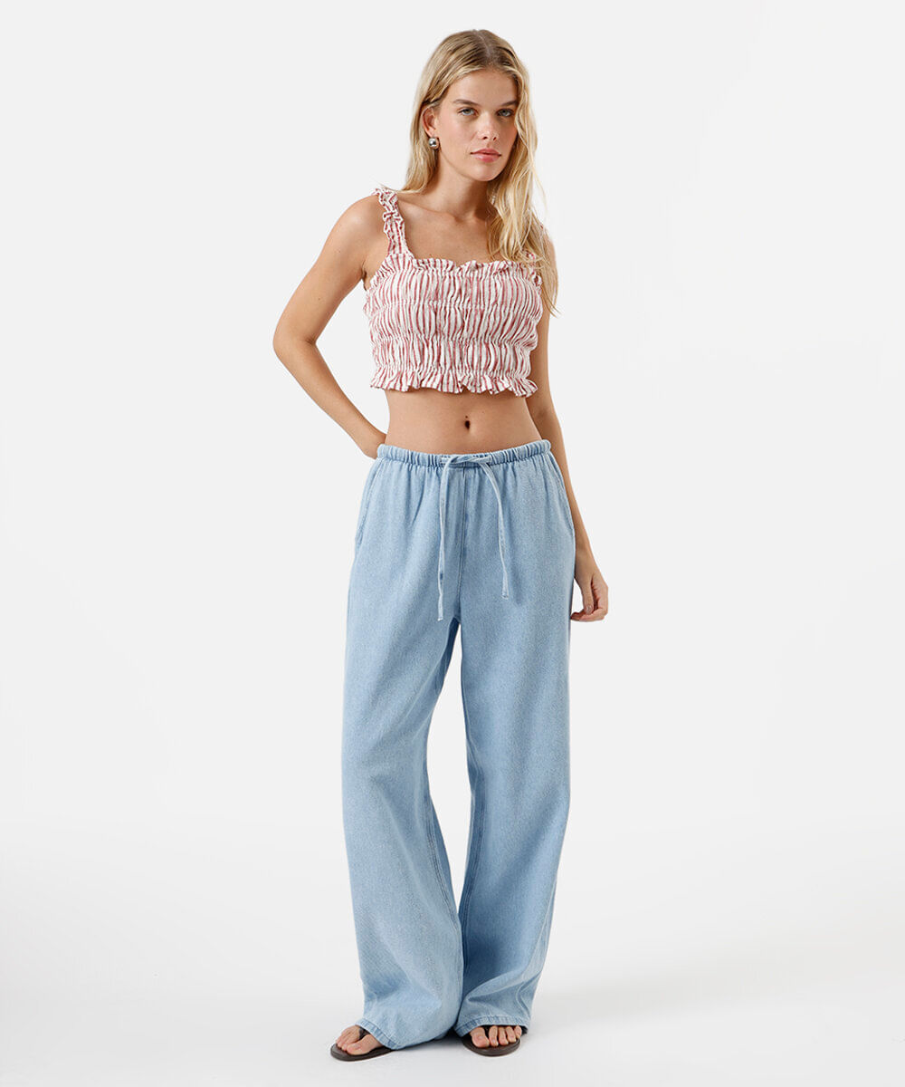 cropped de algodão com babados listrado vermelho