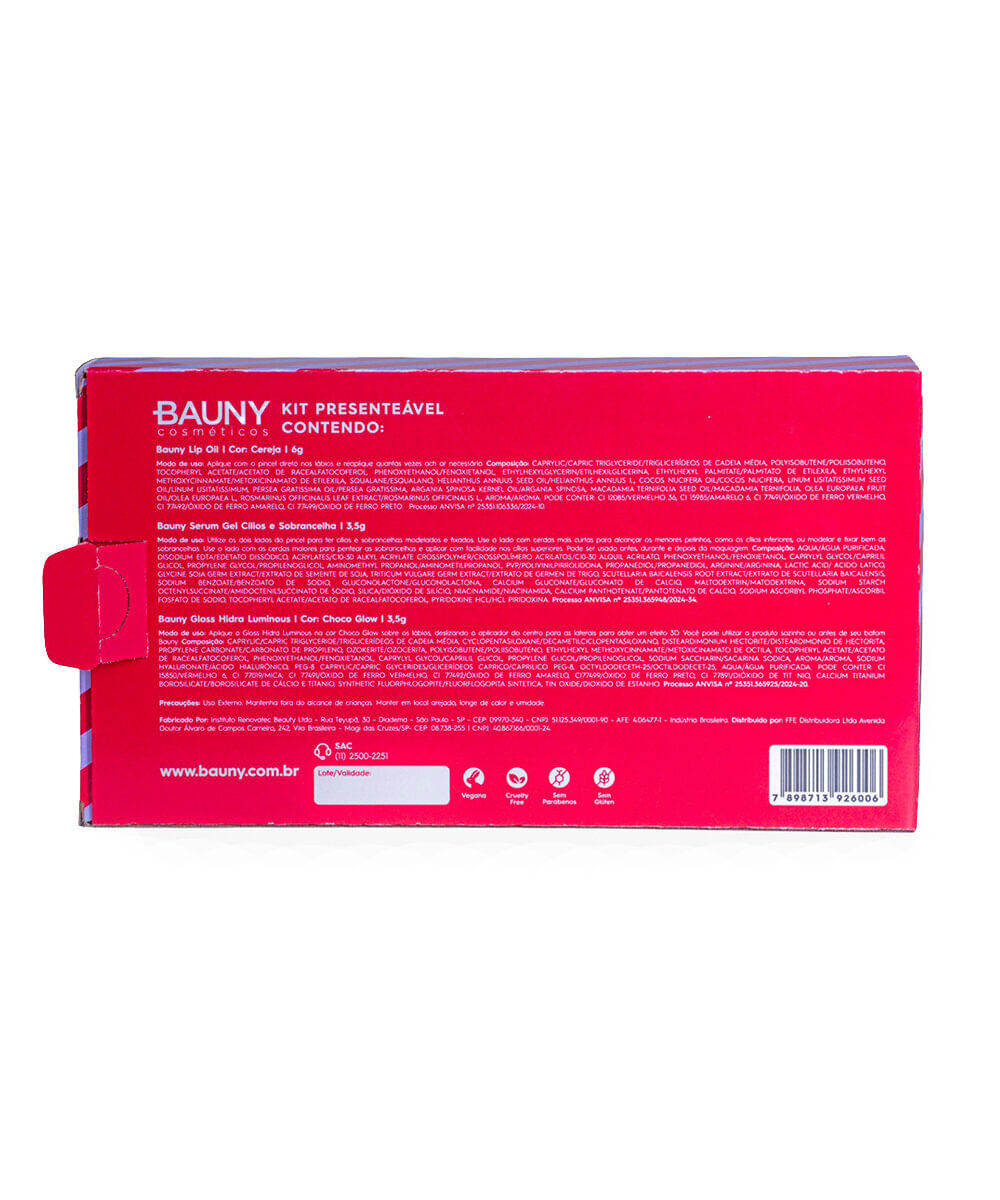 kit bauny gloss labial 3d lip oil gel para cílios e sobrancelha