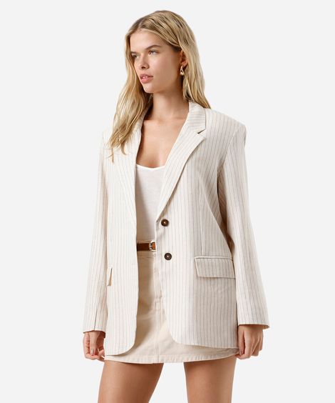 blazer de alfaiataria feminino com linho risca de giz bege