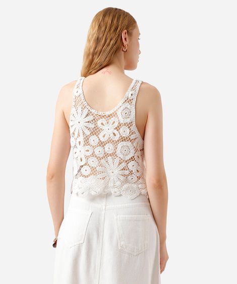 regata feminina de crochet floral off white