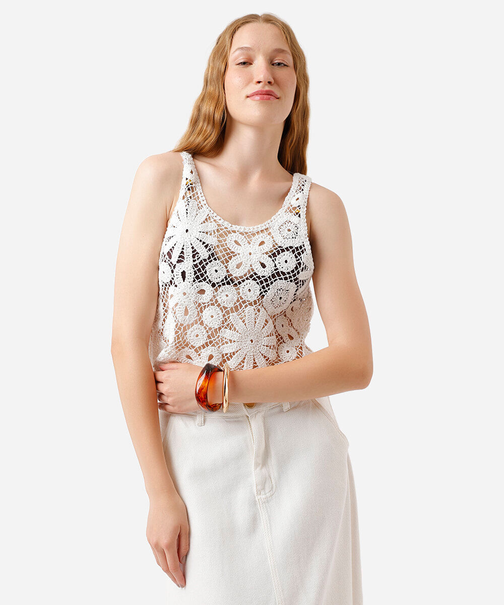 regata feminina de crochet floral off white