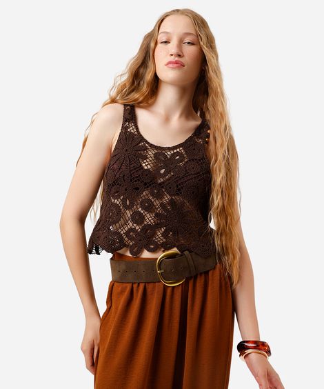 regata feminina de crochet floral marrom
