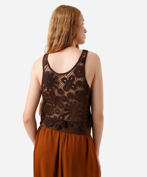 regata feminina de crochet floral marrom