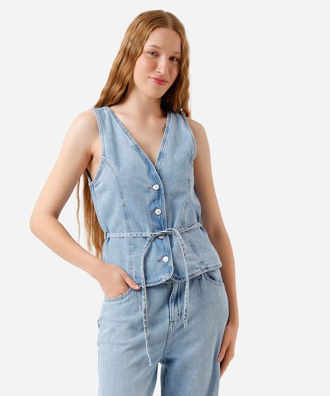 colete feminino jeans com cinto azul