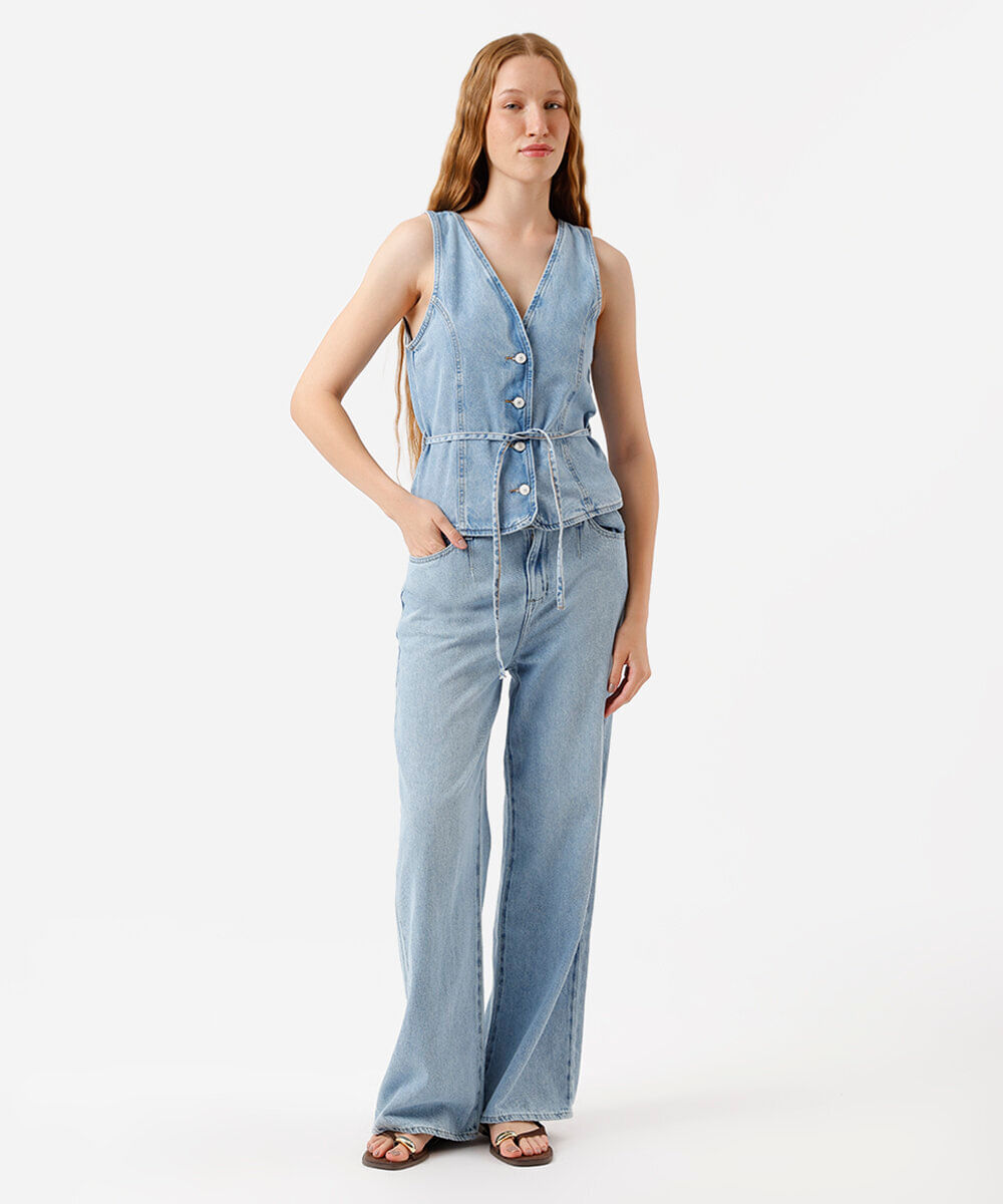 colete feminino jeans com cinto azul