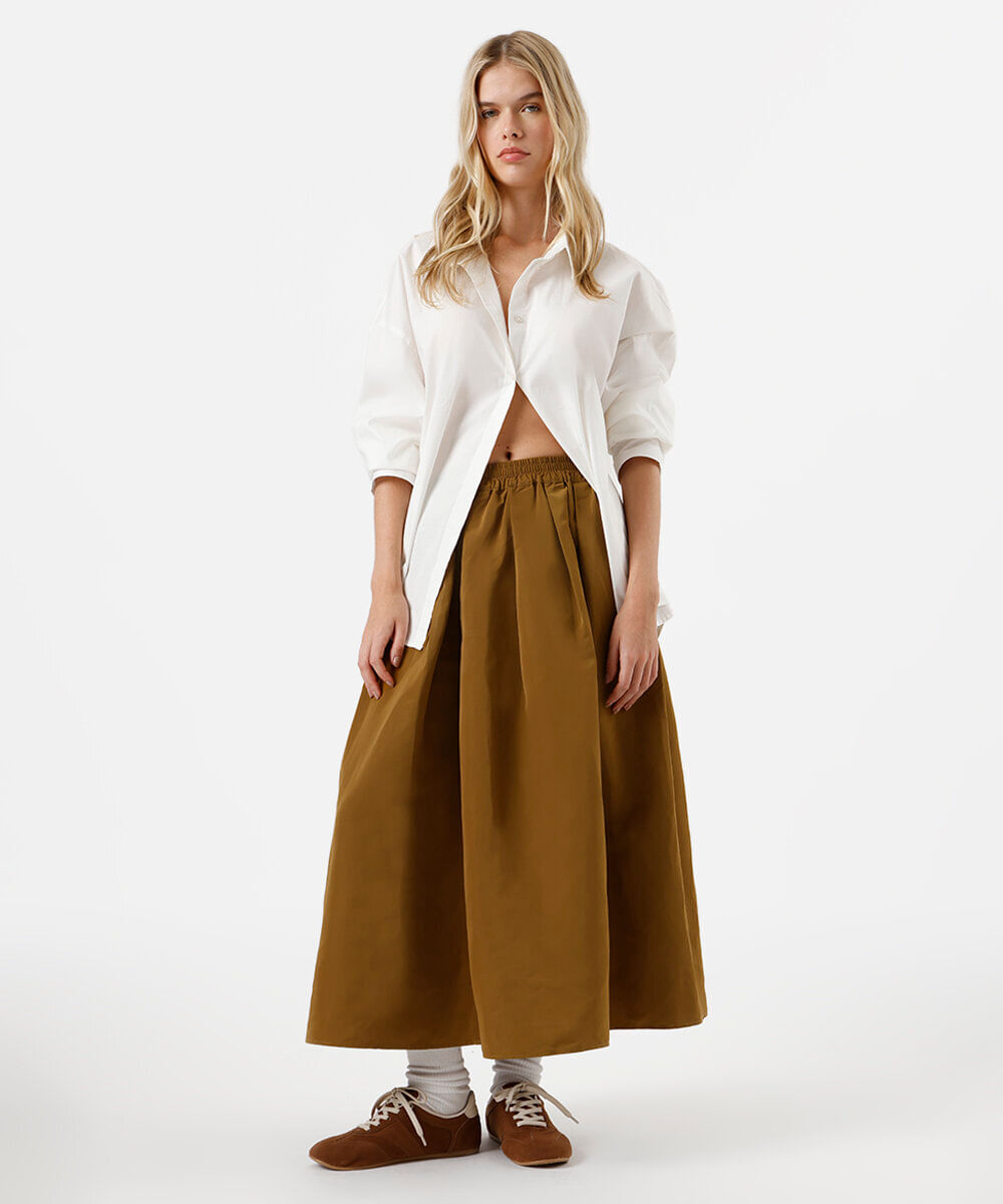 saia midi feminina com pregas bege