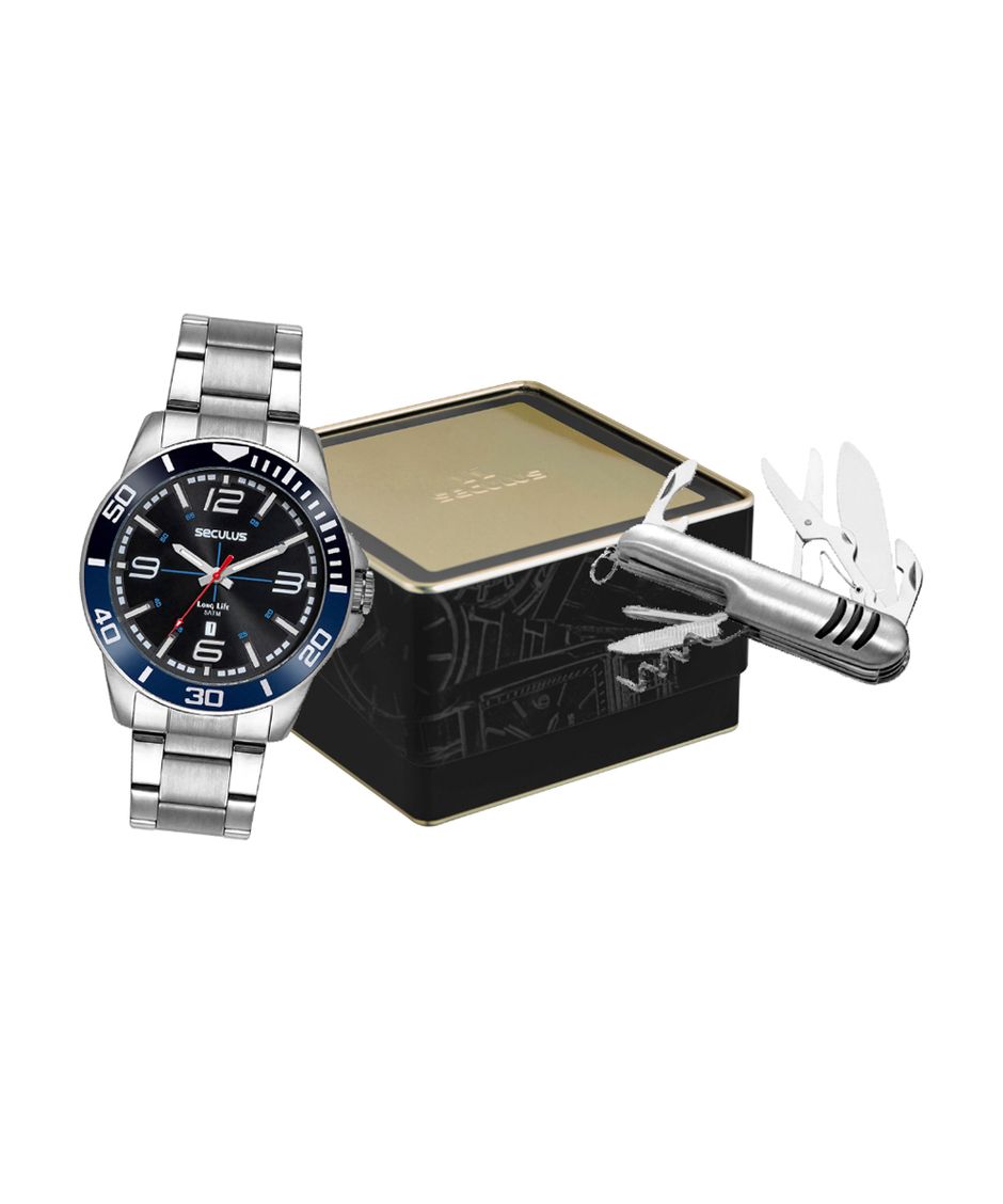 kit relógio masculino seculus analógico calendário 44212g0svna1kc prateado