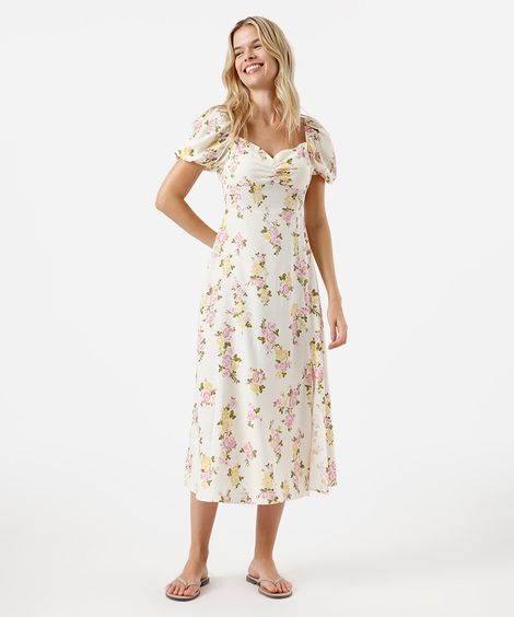vestido midi feminino com linho floral off white