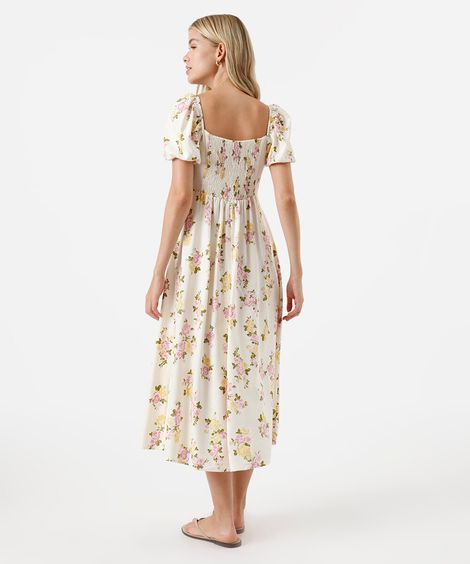 vestido midi feminino com linho floral off white