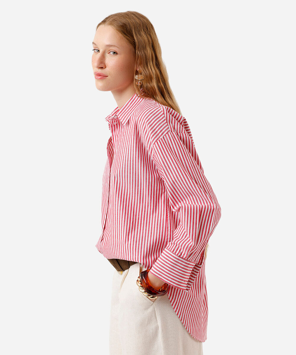 camisa oversized feminina de algodão listrada vermelha