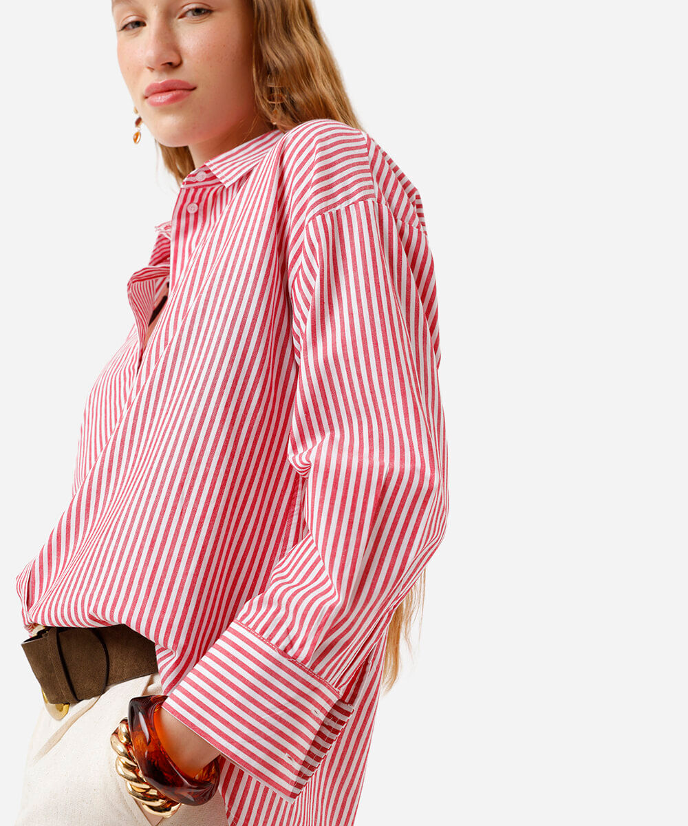 camisa oversized feminina de algodão listrada vermelha
