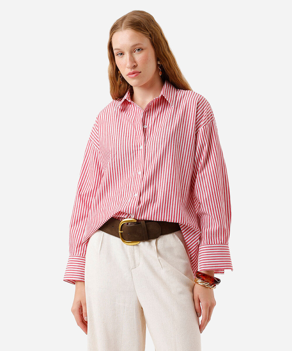 camisa oversized feminina de algodão listrada vermelha