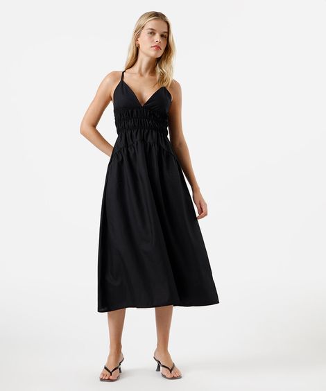 vestido midi feminino alça fina franzido preto