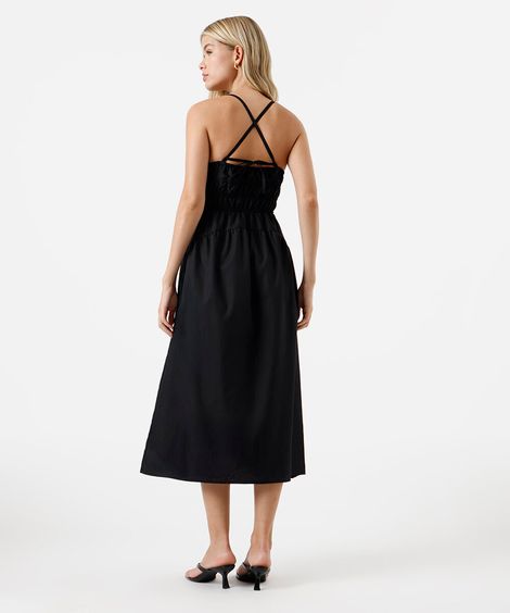 vestido midi feminino alça fina franzido preto