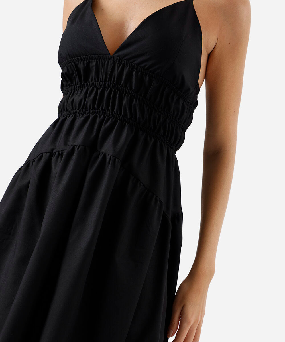 vestido midi feminino alça fina franzido preto