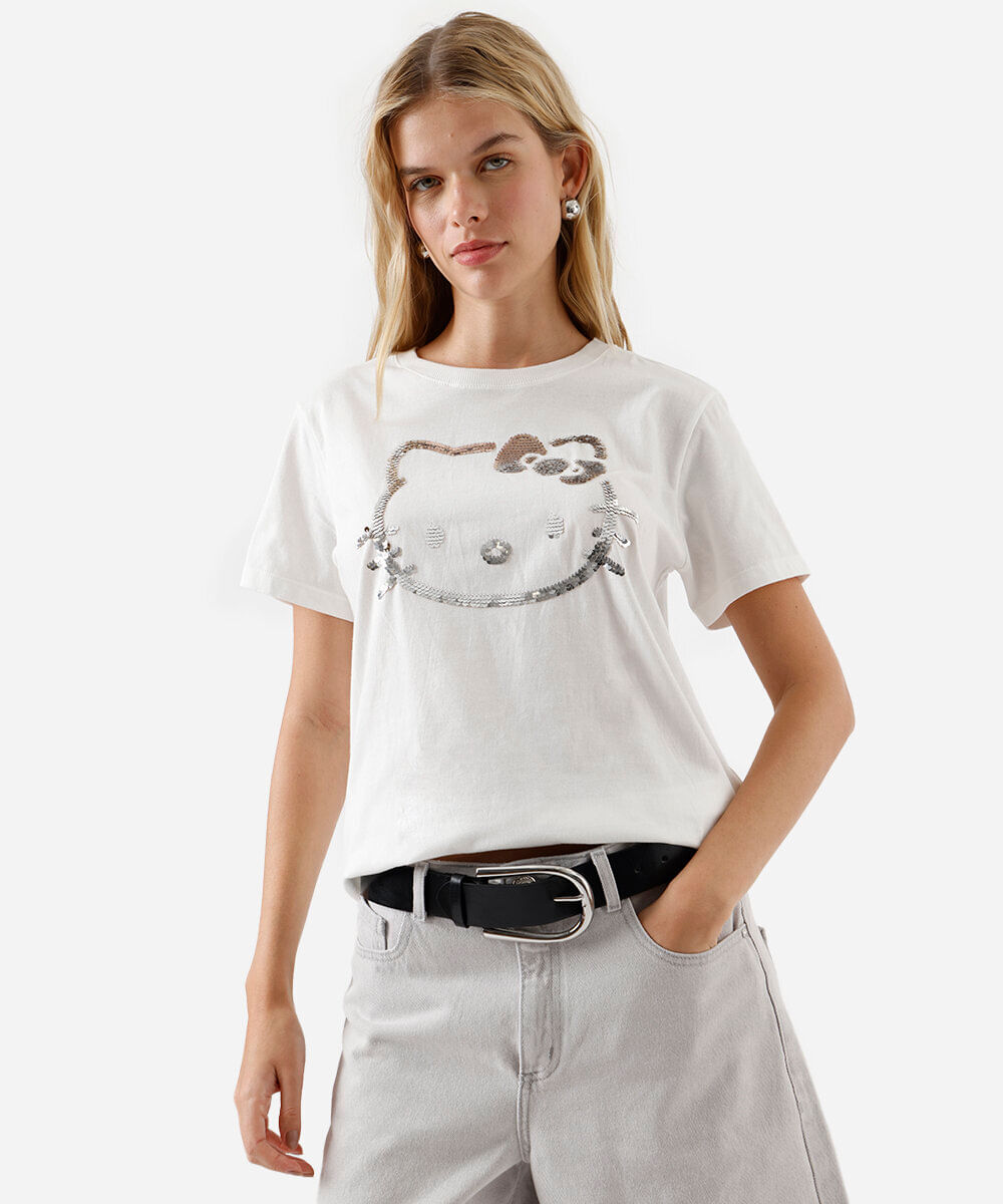 camiseta feminina de algodão bordada paetê hello kitty off white