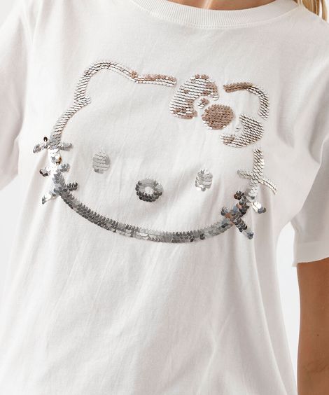 camiseta feminina de algodão bordada paetê hello kitty off white