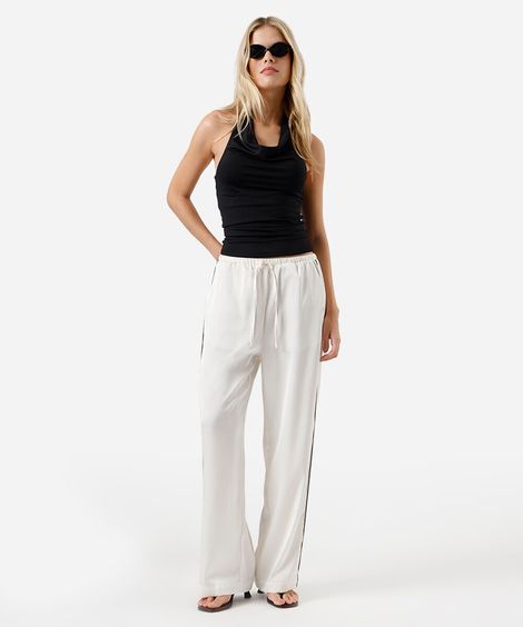 calça estilo pijama feminina com nervuras acetinada off white