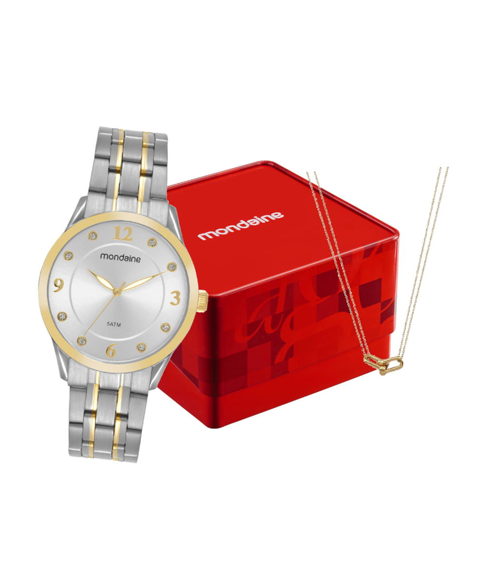 kit relógio feminino mondaine analógico 99766lpmvbe2kd prateado