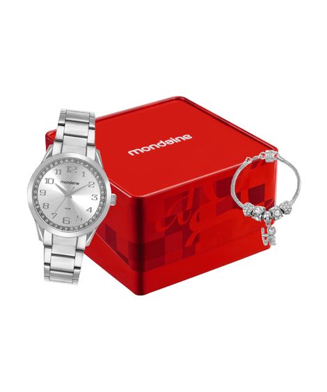 kit relógio feminino mondaine analógico 99764l0mvne1kd prateado