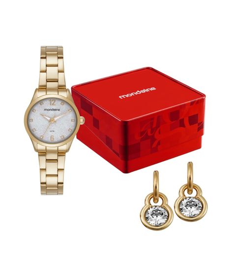kit relógio feminino mondaine analógico 99803lpmkde1k1 dourado