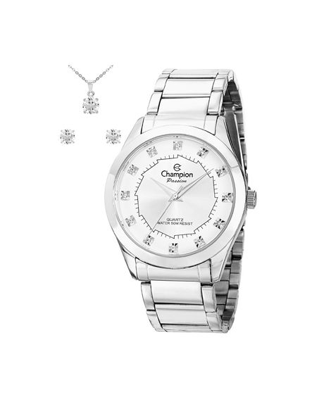 kit relógio feminino champion analógico ch24759s prateado