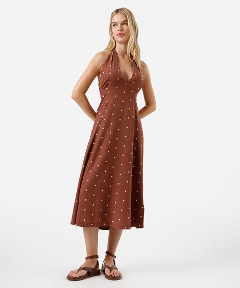 vestido midi frente única feminino de viscose poá marrom