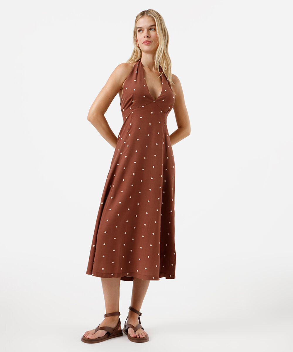 vestido midi frente única feminino de viscose poá marrom