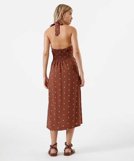 vestido midi frente única feminino de viscose poá marrom
