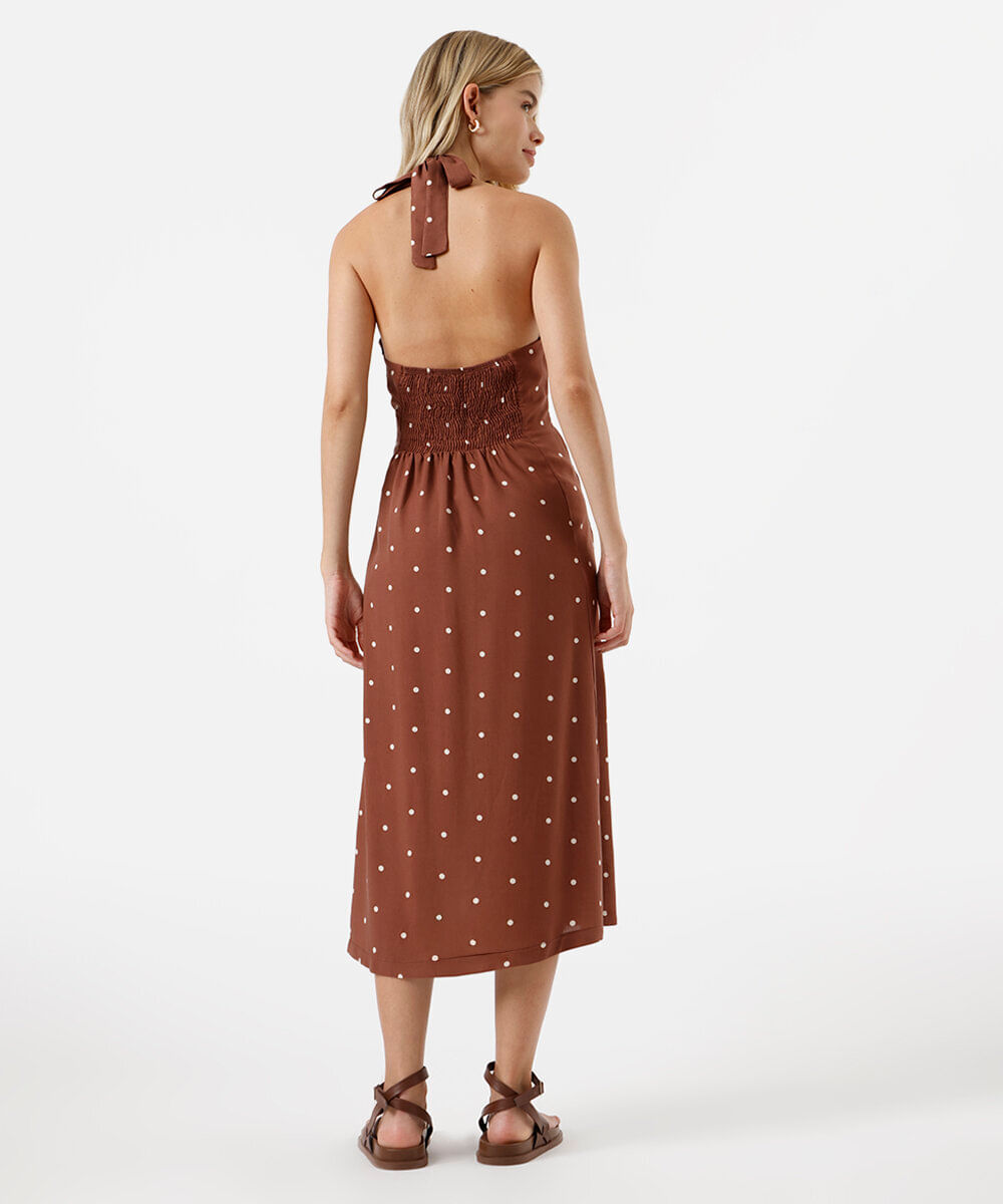 vestido midi frente única feminino de viscose poá marrom