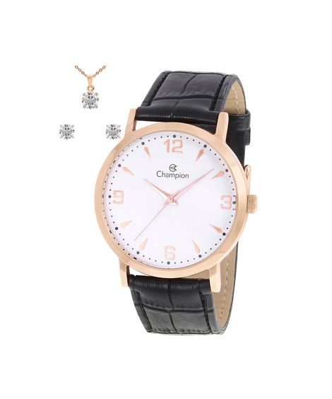 kit relógio feminino champion analógico cn20668e rosa