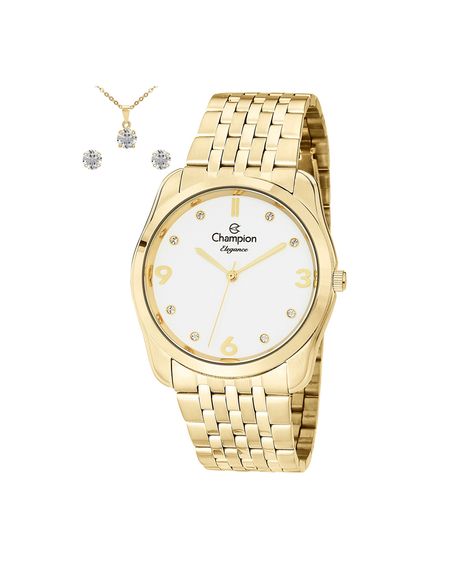 kit relógio feminino champion analógico cn25341w dourado