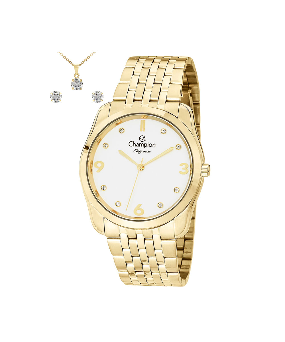 kit relógio feminino champion analógico cn25341w dourado