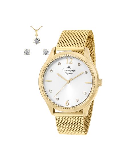 kit relógio feminino champion analógico cn25770n dourado